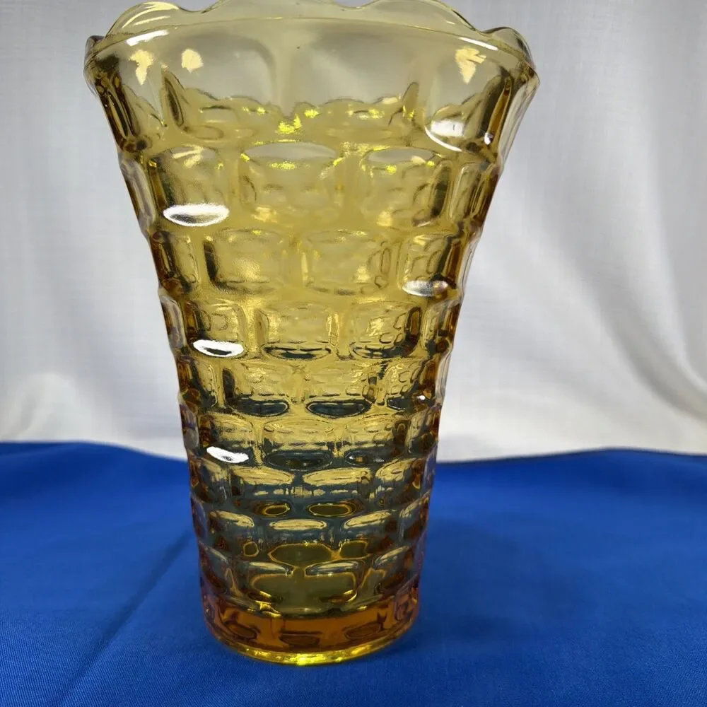 Federal Glass Yorktown Amber Gold Colonial Trumpet Vase Scalloped Rim 8.5